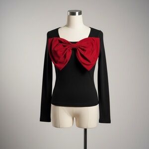 Black Long Sleeve Top with Red Bow Accent